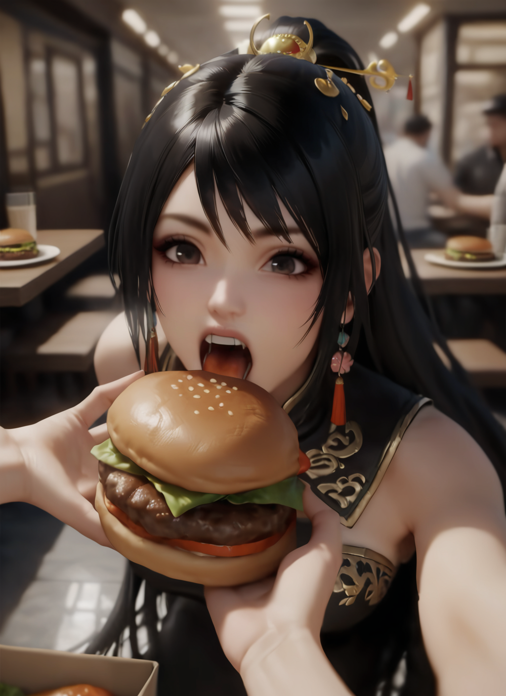 31904-1228304130-masterpiece, best quality, guanyinping, very long hair, black hair, 1girl, black eyes, realistic, eating hamburger, multiple ham.png